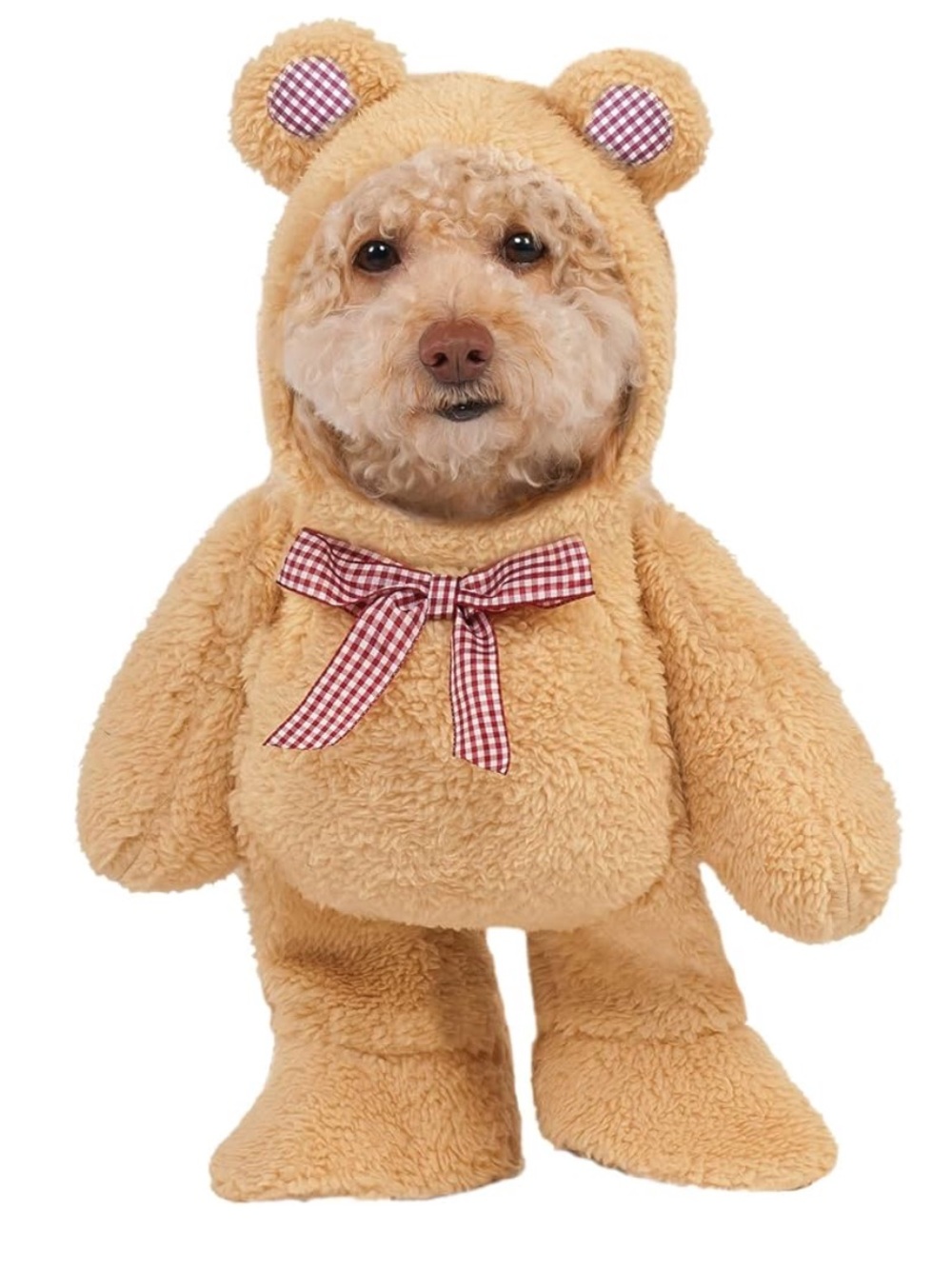 Rubie's Plush Teddy Bear Dog Costume in Tan with Red Gingham Bow - Picture 2 of 6